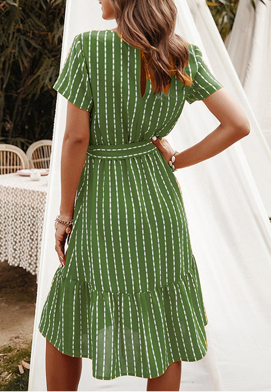 Anna-Kac Vertical Striped Short Sleeve Ruffle Flowy Swing Dress With Belt