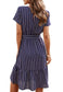 Anna-Kac Vertical Striped Short Sleeve Ruffle Flowy Swing Dress With Belt