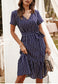Anna-Kac Vertical Striped Short Sleeve Ruffle Flowy Swing Dress With Belt