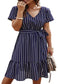 Anna-Kac Vertical Striped Short Sleeve Ruffle Flowy Swing Dress With Belt