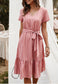 Anna-Kac Vertical Striped Short Sleeve Ruffle Flowy Swing Dress With Belt