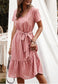 Anna-Kac Vertical Striped Short Sleeve Ruffle Flowy Swing Dress With Belt