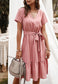 Anna-Kac Vertical Striped Short Sleeve Ruffle Flowy Swing Dress With Belt