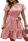 Anna-Kac Vertical Striped Short Sleeve Ruffle Flowy Swing Dress With Belt