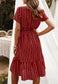 Anna-Kac Vertical Striped Short Sleeve Ruffle Flowy Swing Dress With Belt