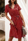 Anna-Kac Vertical Striped Short Sleeve Ruffle Flowy Swing Dress With Belt