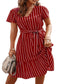 Anna-Kac Vertical Striped Short Sleeve Ruffle Flowy Swing Dress With Belt