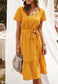 Anna-Kac Vertical Striped Short Sleeve Ruffle Flowy Swing Dress With Belt