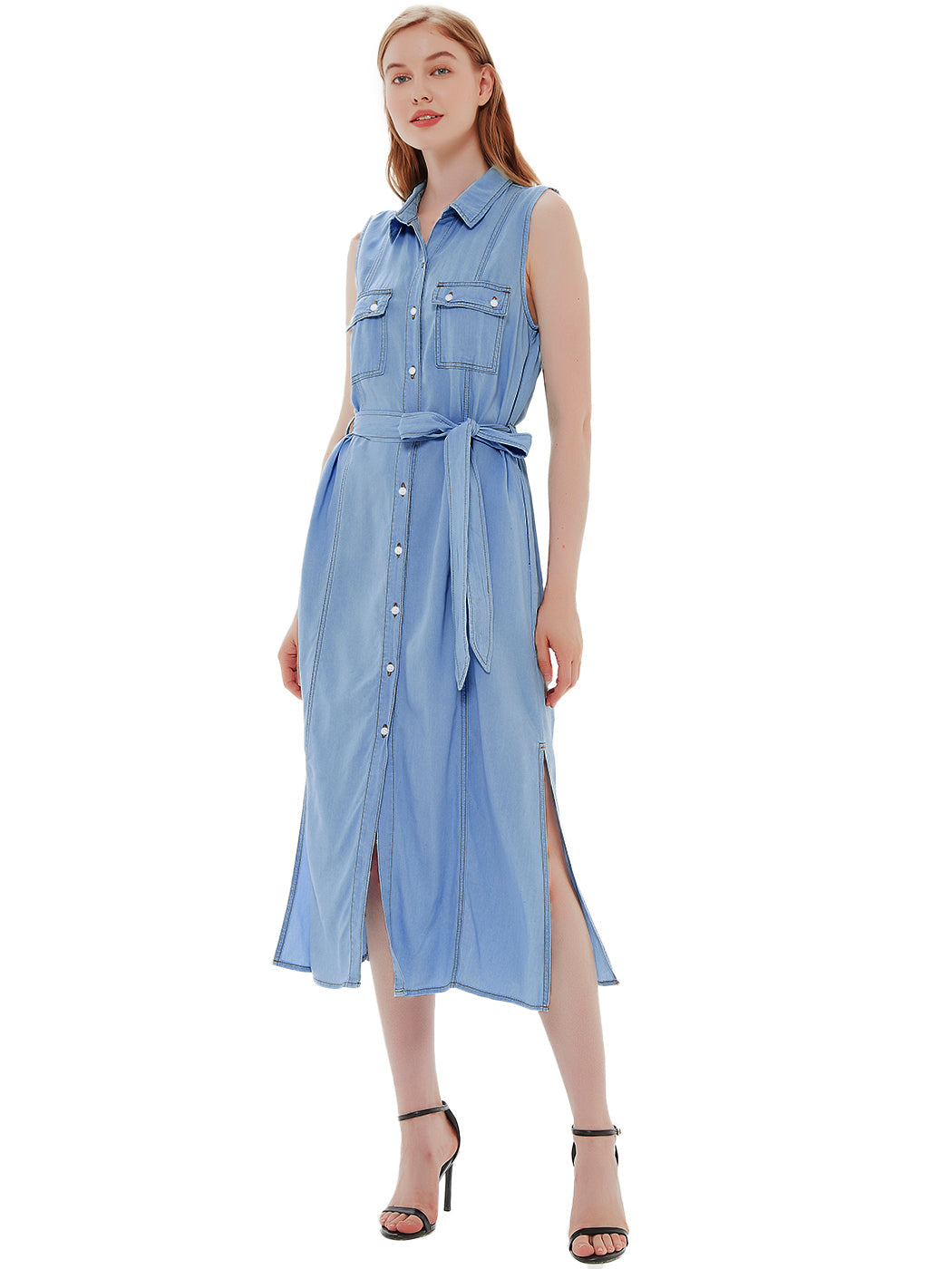 Anna-Kaci Women's Sleeveless Jean Shirt Dress Tied Waist Turn Down Collar Pocket Denim Dress