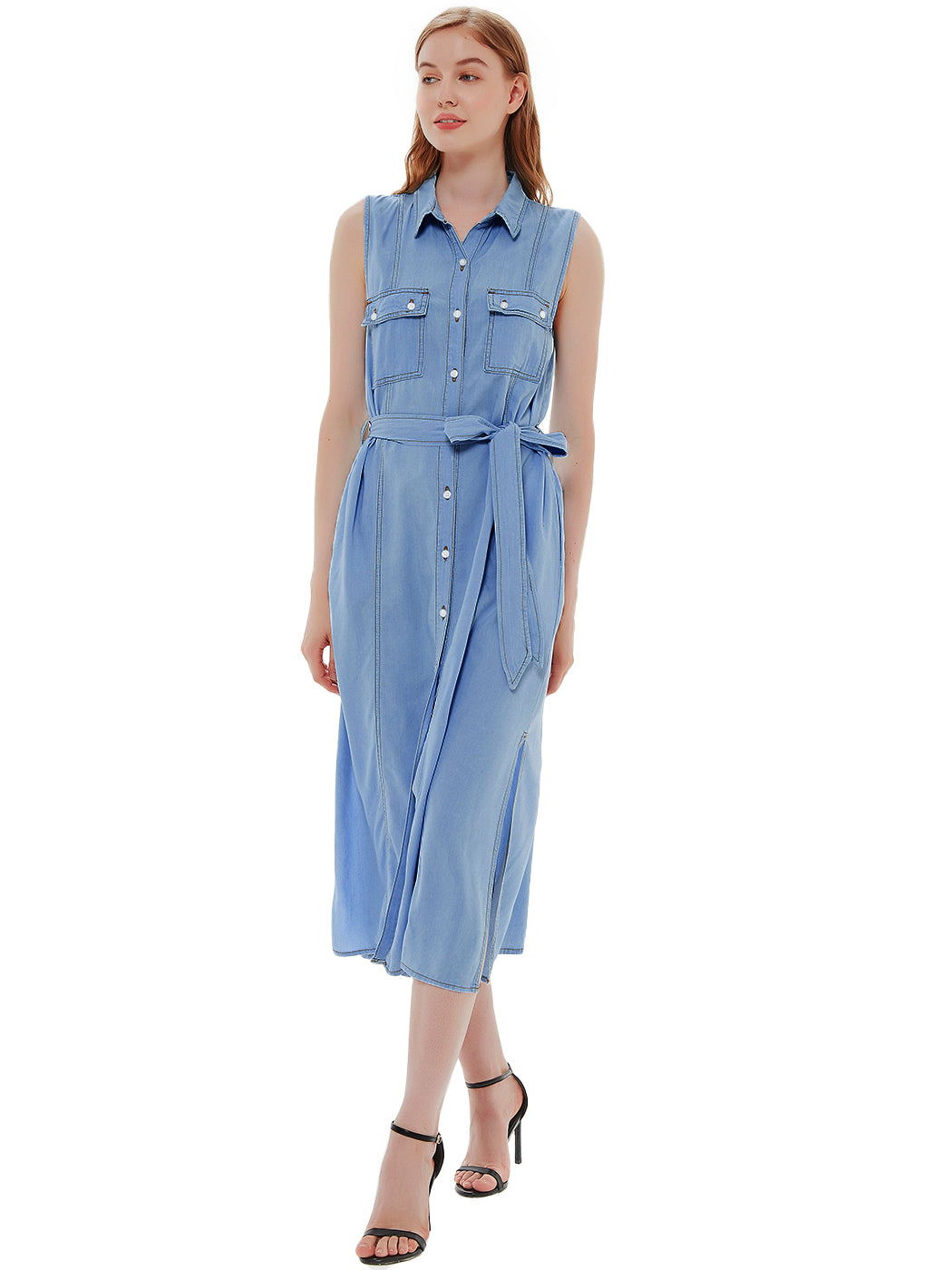 Anna-Kaci Women's Sleeveless Jean Shirt Dress Tied Waist Turn Down Collar Pocket Denim Dress