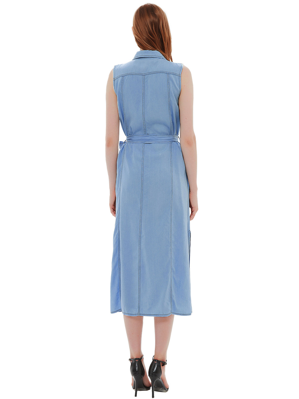 Anna-Kaci Women's Sleeveless Jean Shirt Dress Tied Waist Turn Down Collar Pocket Denim Dress