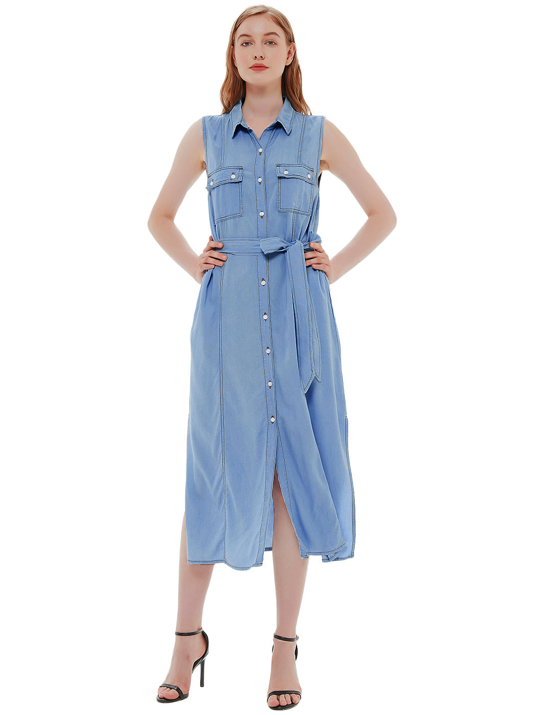 Anna-Kaci Women's Sleeveless Jean Shirt Dress Tied Waist Turn Down Collar Pocket Denim Dress