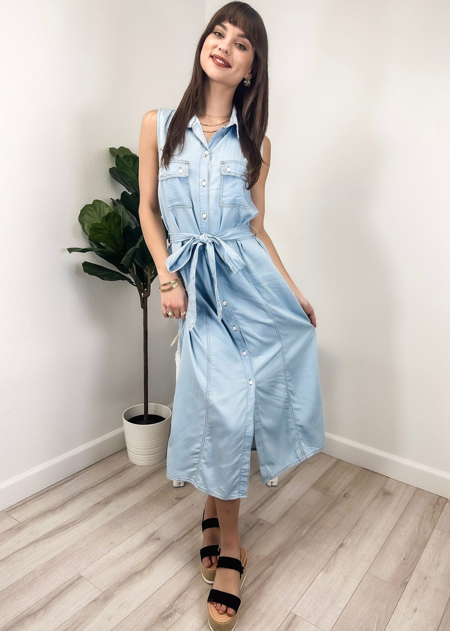 Anna-Kaci Women's Sleeveless Jean Shirt Dress Tied Waist Turn Down Collar Pocket Denim Dress