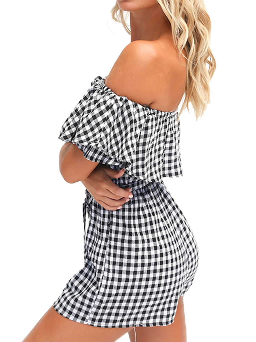 Anna-Kaci Womens Off Shoulder Short Rompers Ruffle Hem Drawstring Waist Plaid Short Jumpsuit