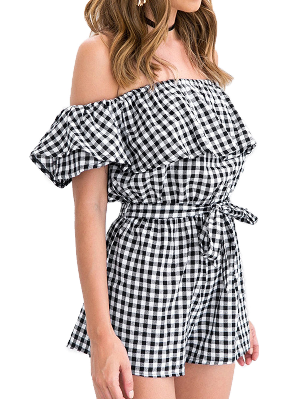 Anna-Kaci Womens Off Shoulder Short Rompers Ruffle Hem Drawstring Waist Plaid Short Jumpsuit