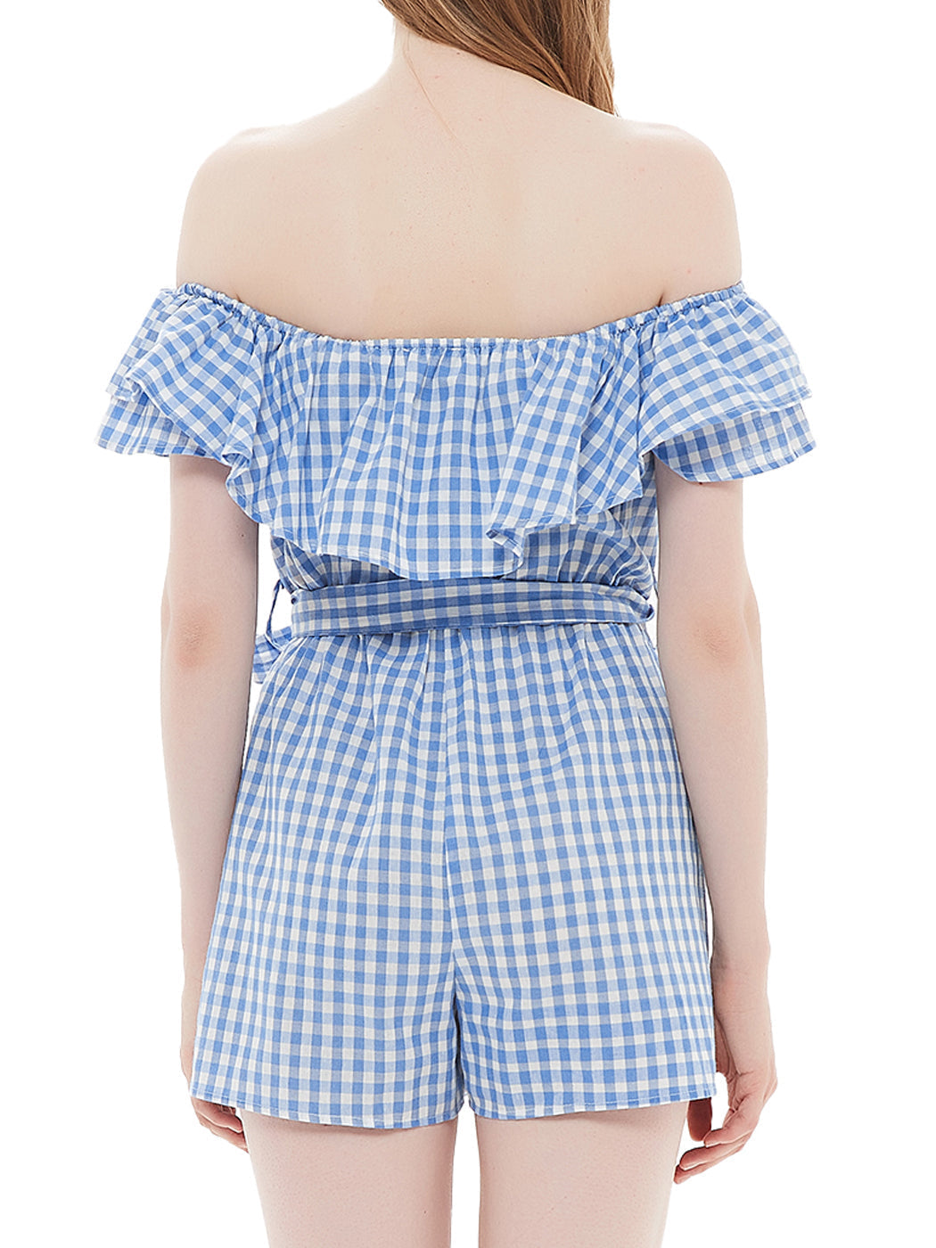 Anna-Kaci Womens Off Shoulder Short Rompers Ruffle Hem Drawstring Waist Plaid Short Jumpsuit