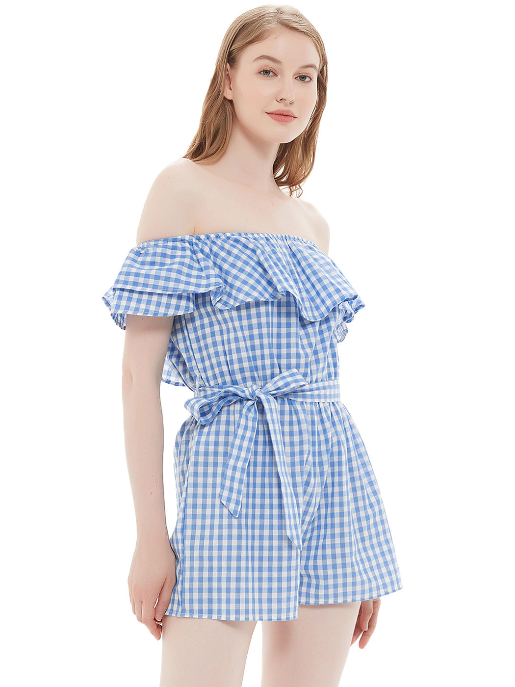 Anna-Kaci Womens Off Shoulder Short Rompers Ruffle Hem Drawstring Waist Plaid Short Jumpsuit