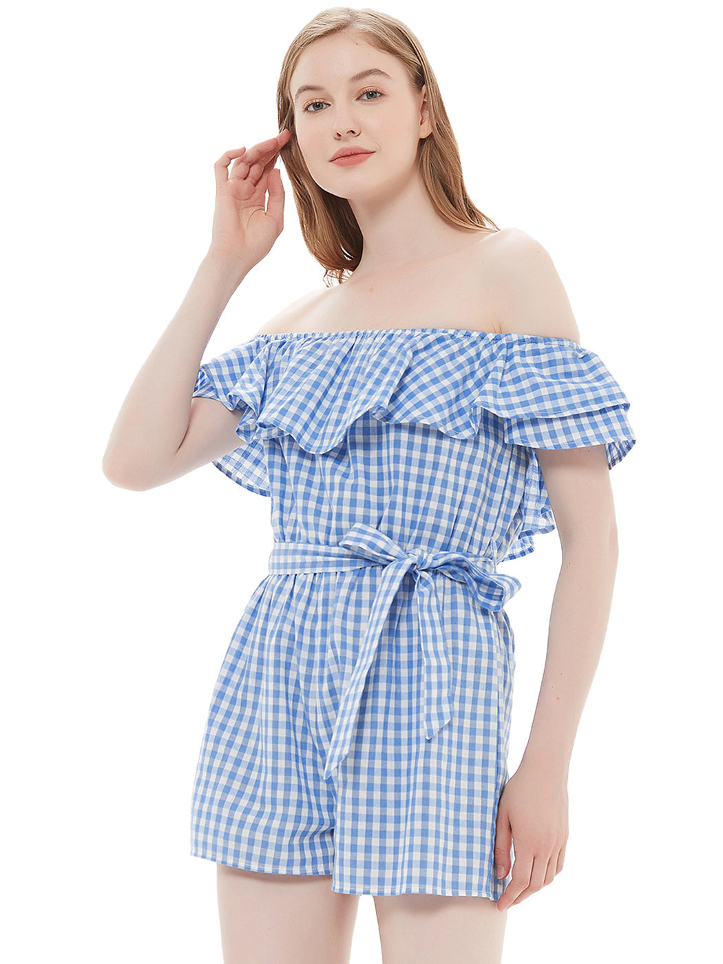 Anna-Kaci Womens Off Shoulder Short Rompers Ruffle Hem Drawstring Waist Plaid Short Jumpsuit