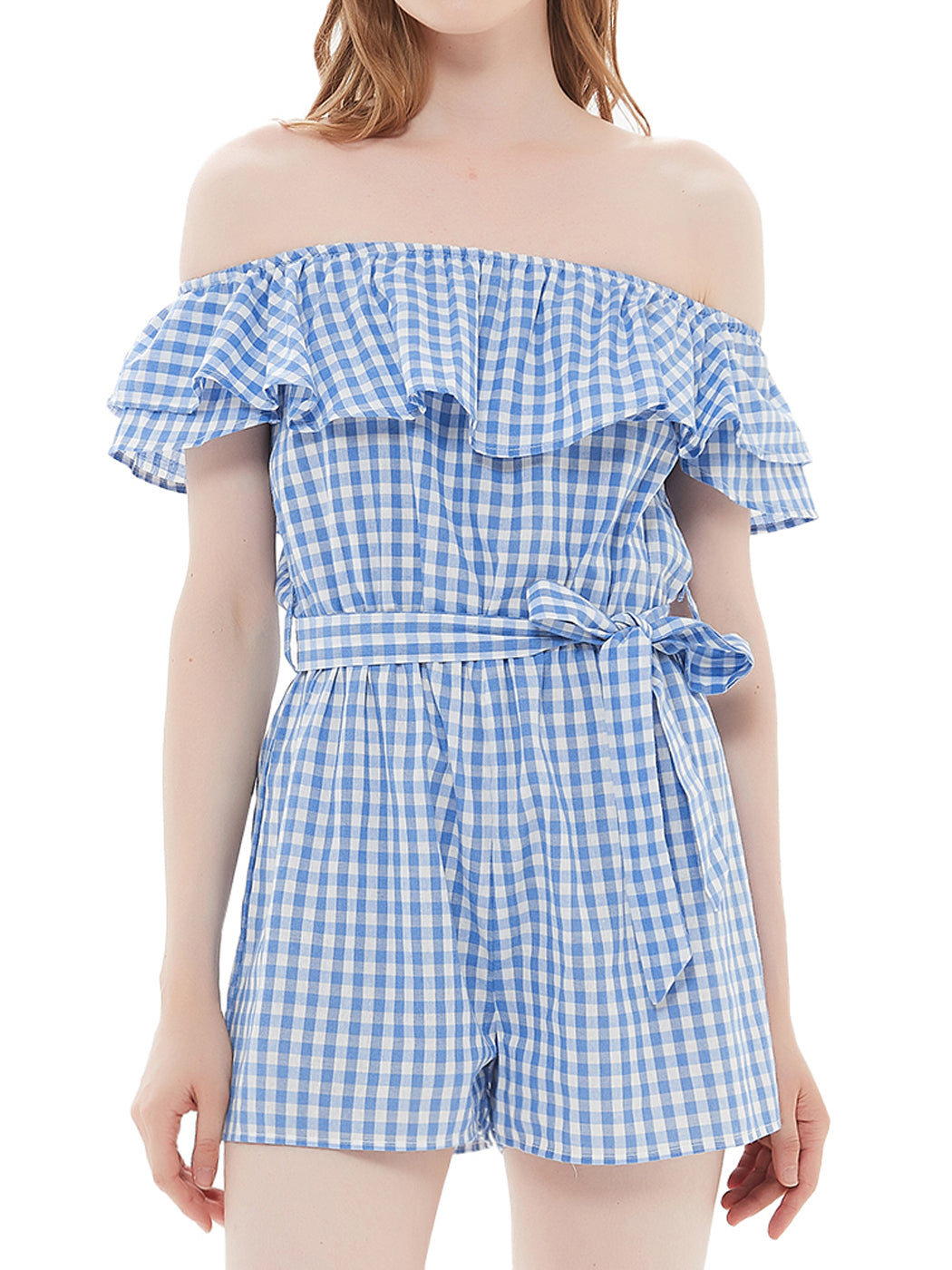 Anna-Kaci Womens Off Shoulder Short Rompers Ruffle Hem Drawstring Waist Plaid Short Jumpsuit