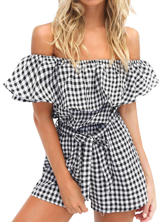 Anna-Kaci Womens Off Shoulder Short Rompers Ruffle Hem Drawstring Waist Plaid Short Jumpsuit