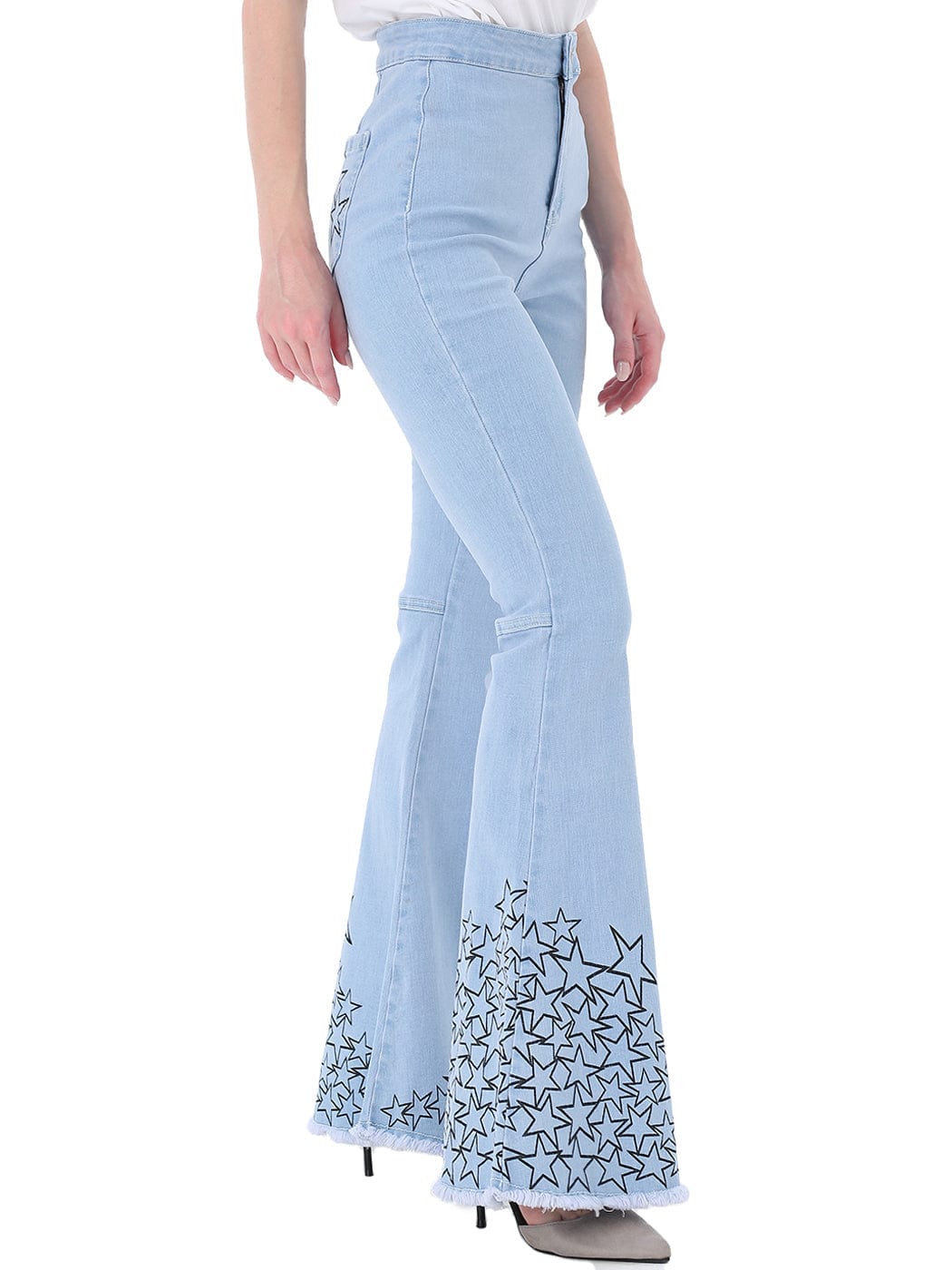 Retro Flared Jeans High Waist Star Printed Long Denim Bell Bottom Jeans