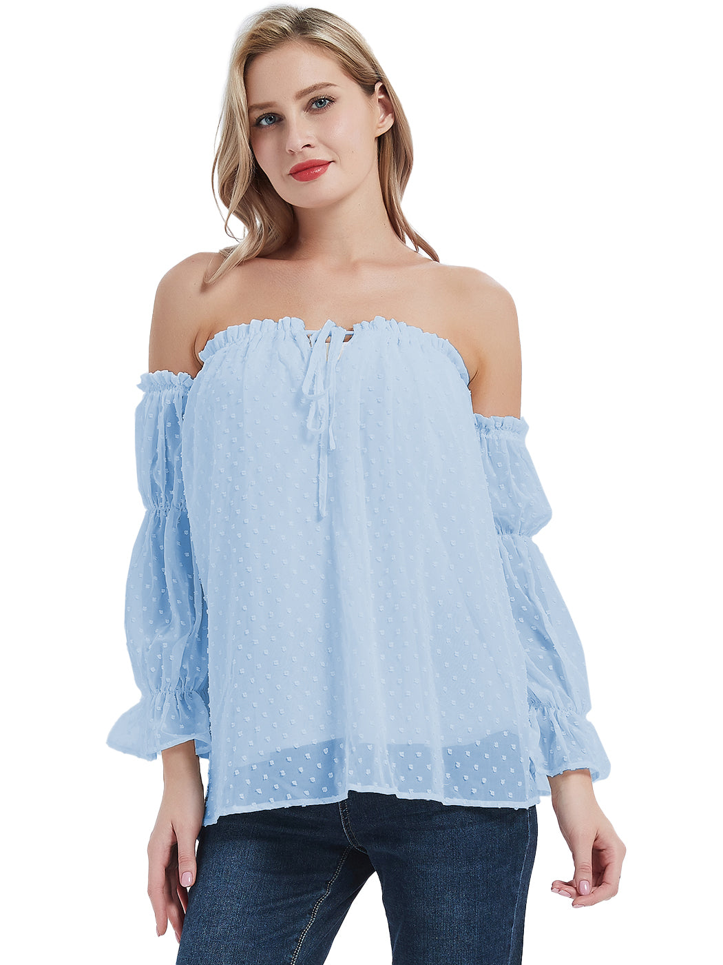 Anna-Kaci Womens Semi Sheer Boho Peasant Long Sleeve Off the Shoulder Top