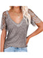 Lace Short Sleeve T-Shirt V Neck Cotton Summer Casual Tops Tee Shirts
