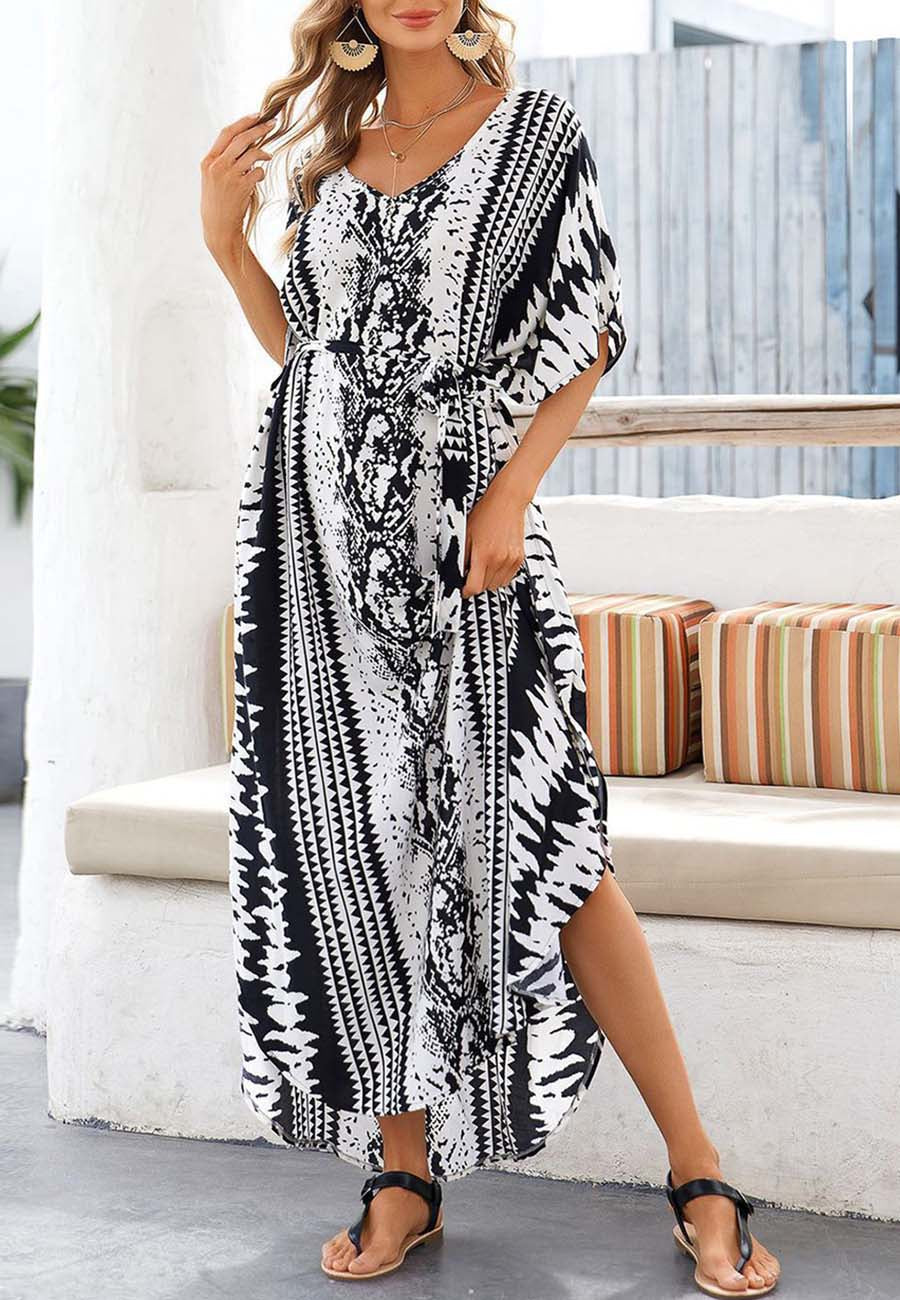 Snake Print Bikini Cover Up Beach Maxi Dress with Belt