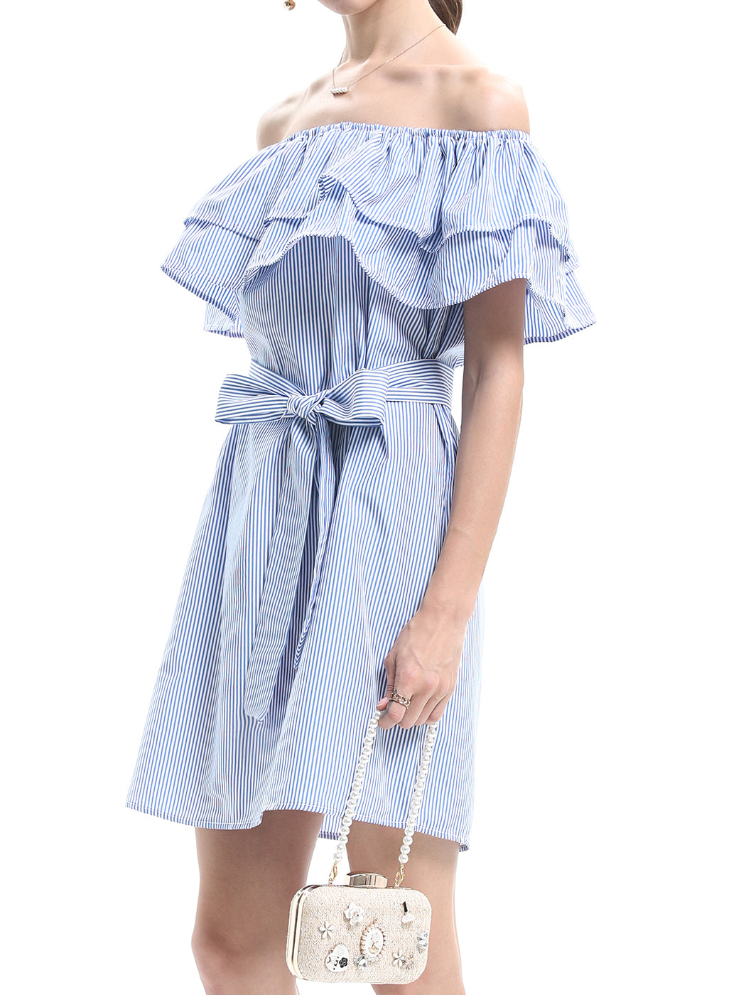 Anna-Kaci Womens Off Shoulder Comfy Casual Ruffle Short Denim Slip Dress