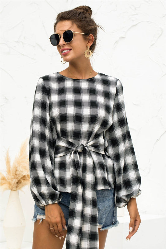 Tie Waist Plaid Blouse