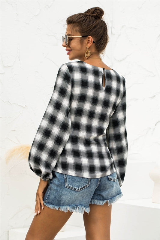 Tie Waist Plaid Blouse