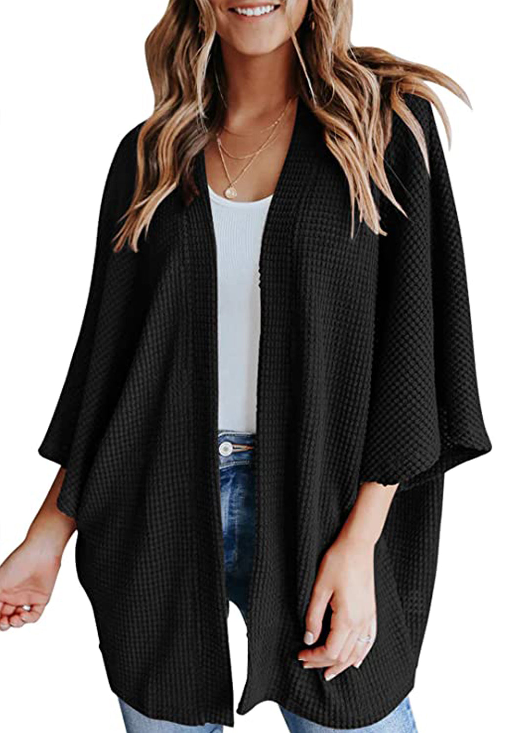 Anna-Kaci Women's Waffle Knit Kimono Cardigan Lightweight 3/4 Batwing Sleeve Sweater Beach Cover Up