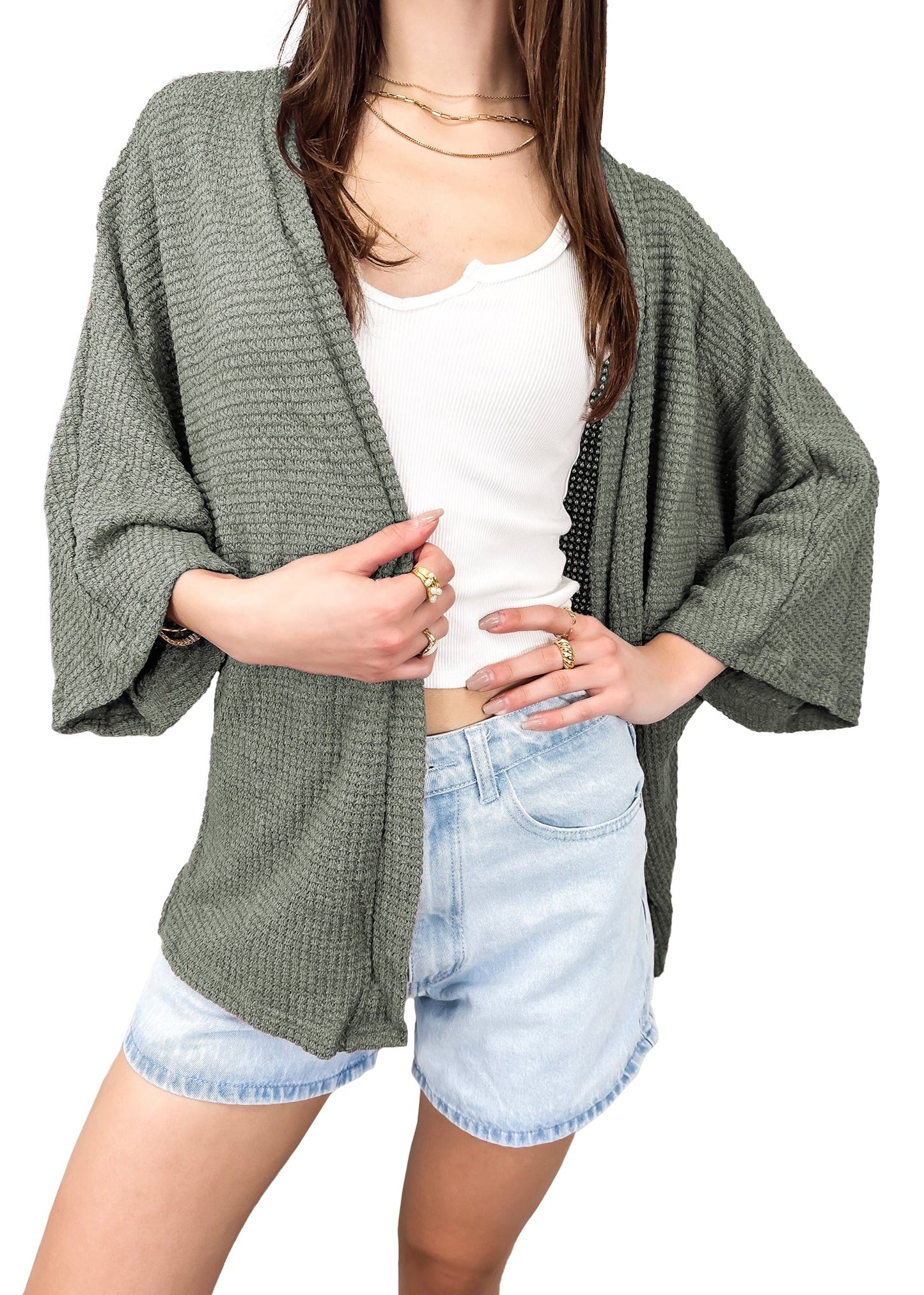 Anna-Kaci Women's Waffle Knit Kimono Cardigan Lightweight 3/4 Batwing Sleeve Sweater Beach Cover Up