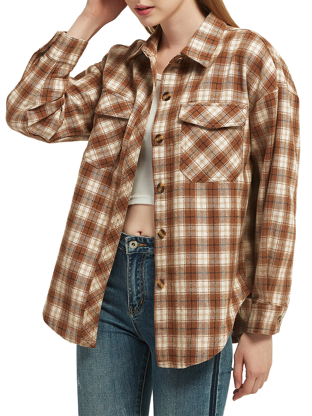 Anna-Kaci Women's Plaid Shacket Jacket Long Sleeve Button Down Fall Shirts Coat