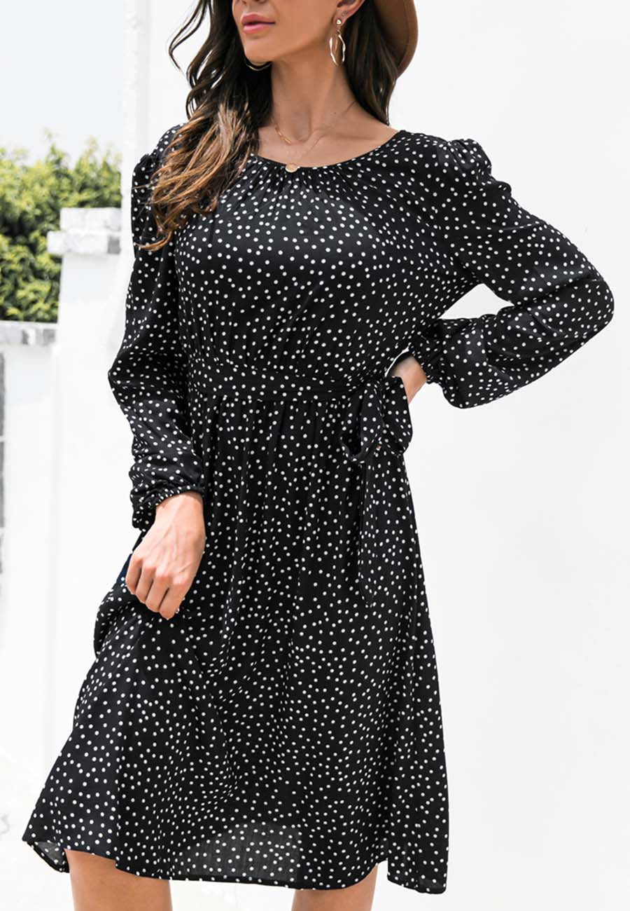 Anna-Kaci Sexy Backless Polka Dot Dress for Women Long Sleeve Round Neck Tie Waist A-Line Dresses