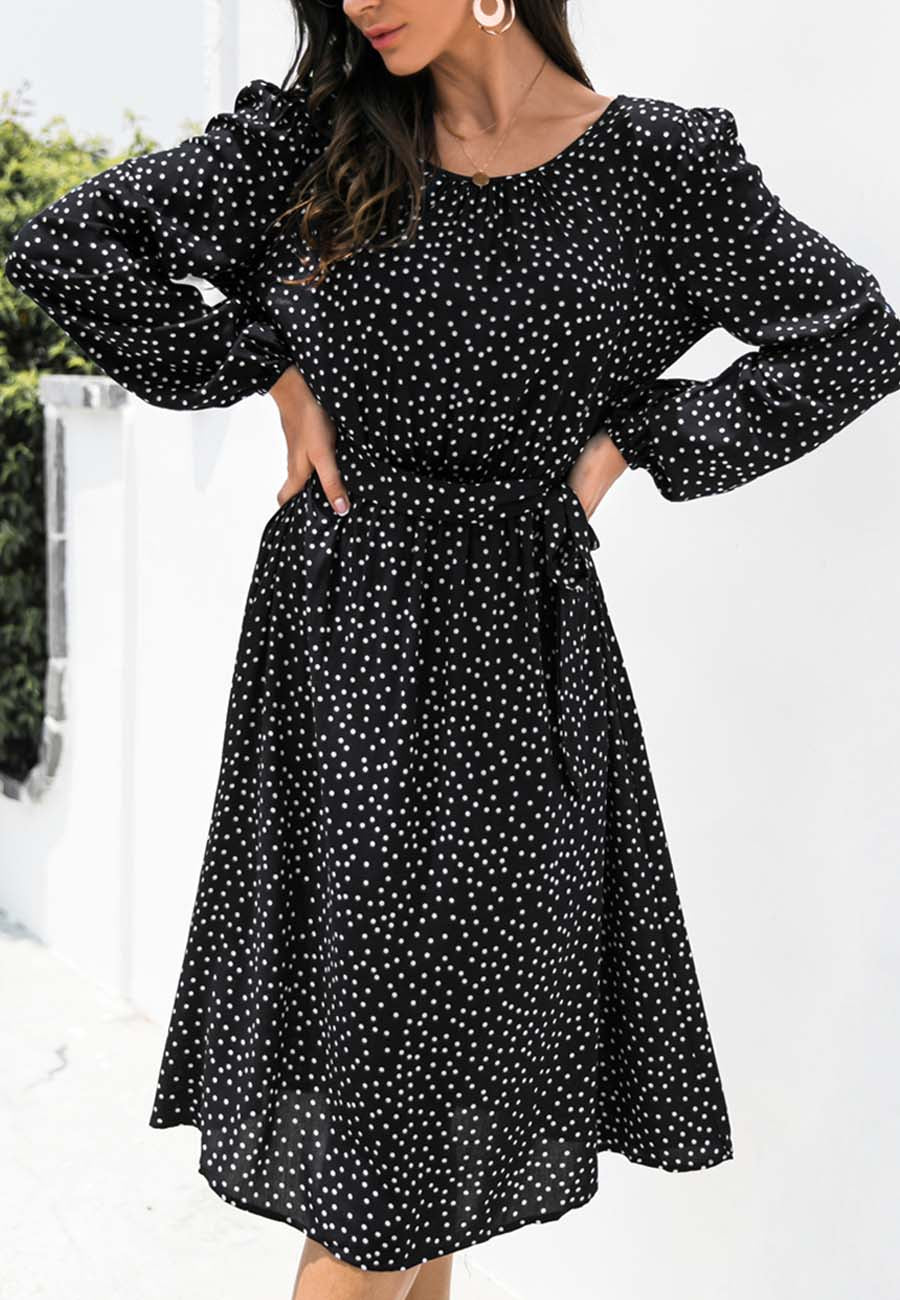 Anna-Kaci Sexy Backless Polka Dot Dress for Women Long Sleeve Round Neck Tie Waist A-Line Dresses