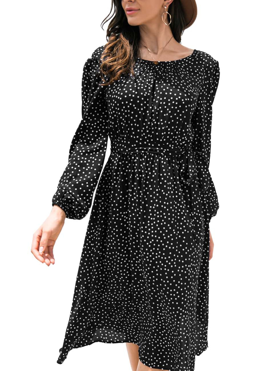 Anna-Kaci Sexy Backless Polka Dot Dress for Women Long Sleeve Round Neck Tie Waist A-Line Dresses