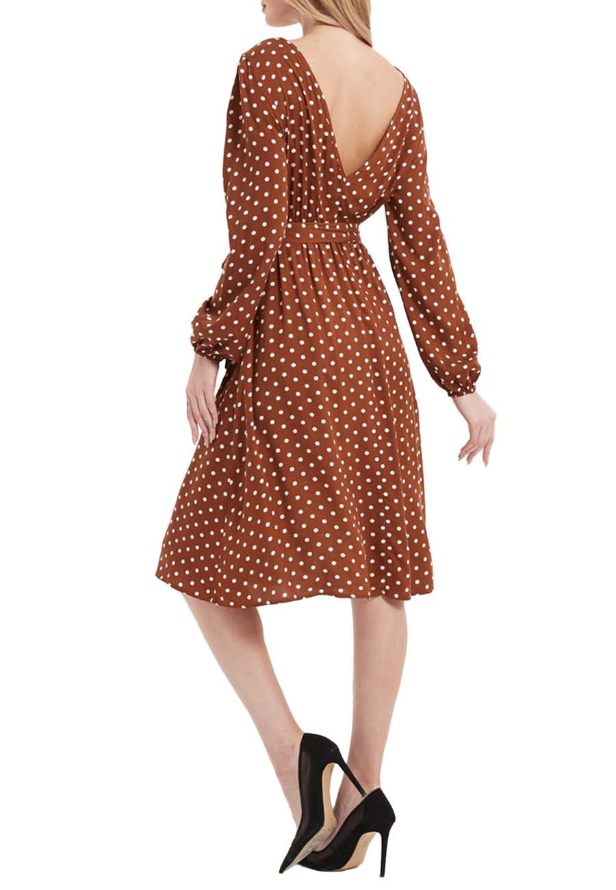 Anna-Kaci Sexy Backless Polka Dot Dress for Women Long Sleeve Round Neck Tie Waist A-Line Dresses