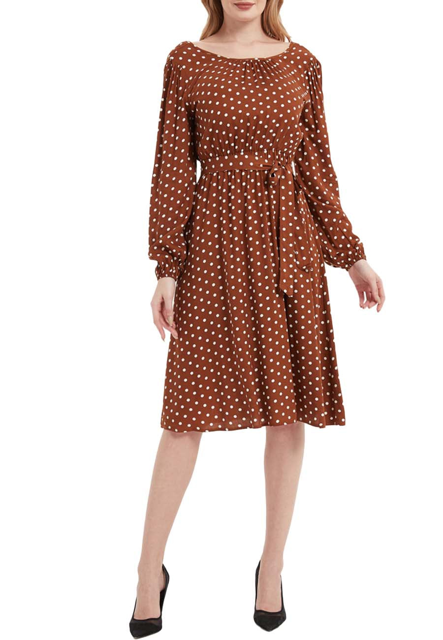 Anna-Kaci Sexy Backless Polka Dot Dress for Women Long Sleeve Round Neck Tie Waist A-Line Dresses