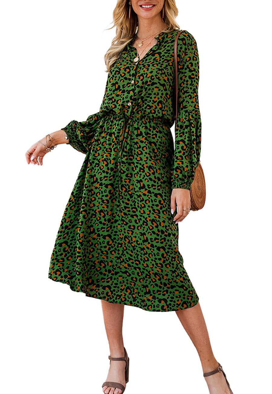 Anna-Kaci Women's Leopard Long Lantern Sleeves Drawstring Tie Waist Midi Dress