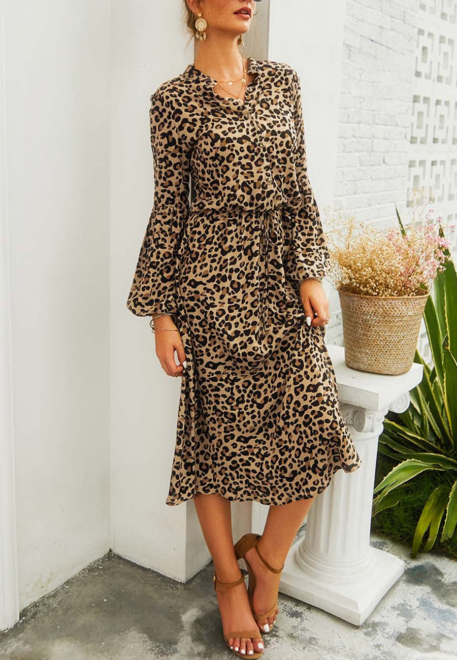 Anna-Kaci Women's Leopard Long Lantern Sleeves Drawstring Tie Waist Midi Dress