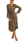 Anna-Kaci Women's Leopard Long Lantern Sleeves Drawstring Tie Waist Midi Dress