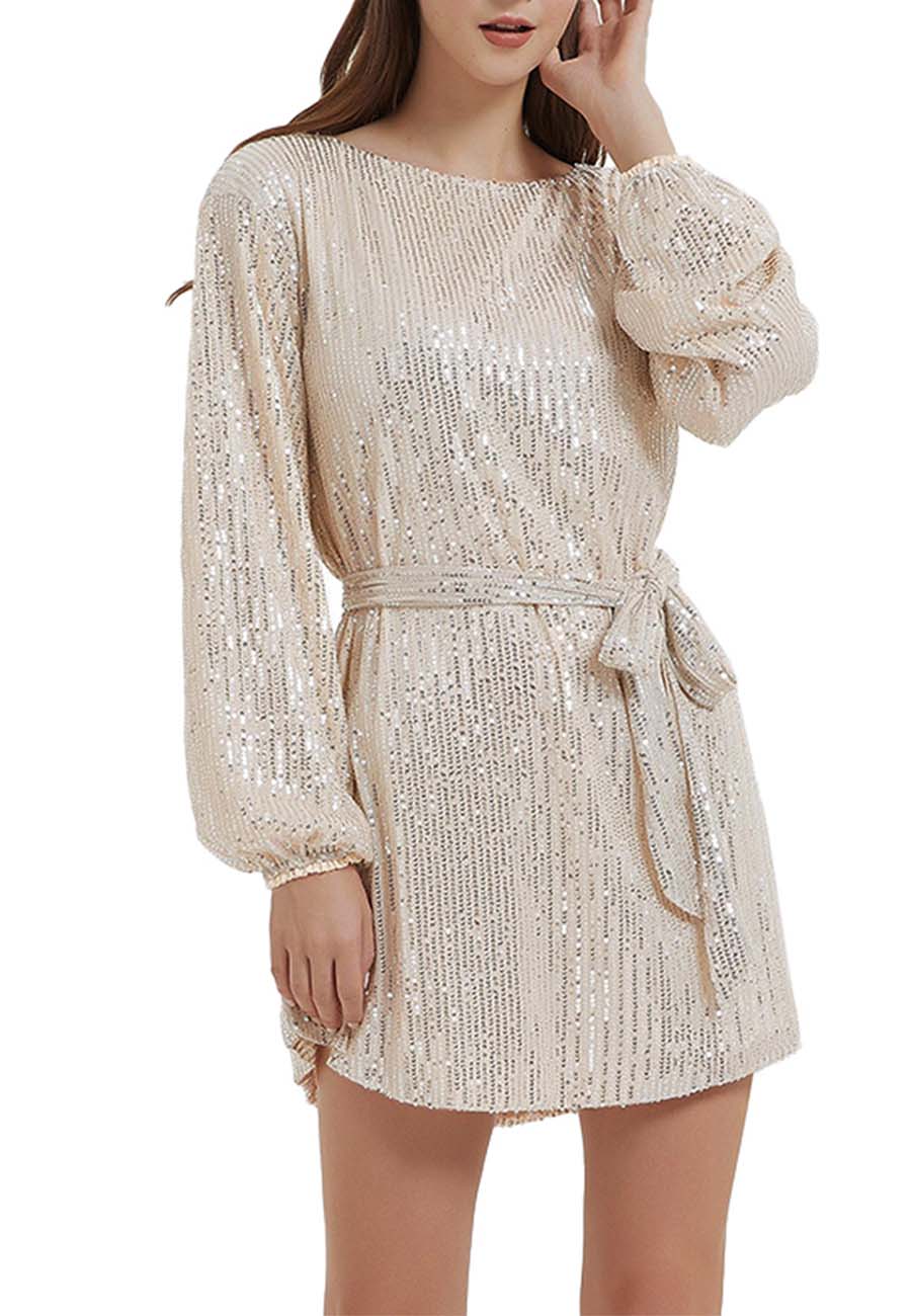 Anna-Kaci Women's Sparkly Sequins Party Dress Long Sleeve Crew Neck Elegant Loose Fashion Dresses