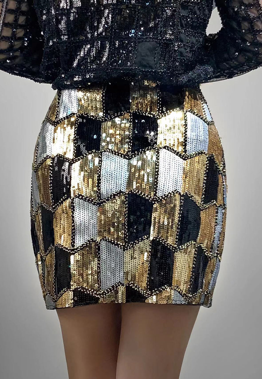 Anna-Kaci Women Sequin Rhombus Stretch Mini Pencil Skirt