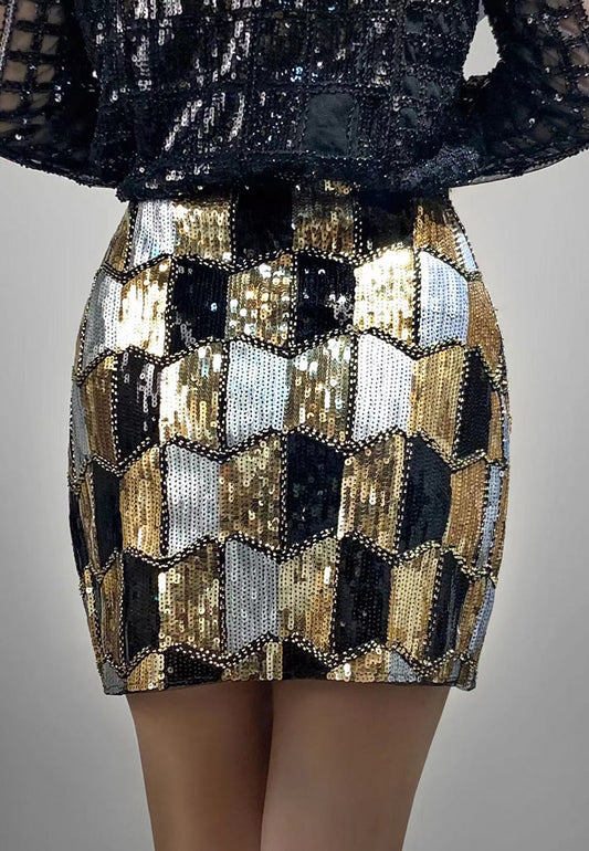 Anna-Kaci Women Sequin Rhombus Stretch Mini Pencil Skirt