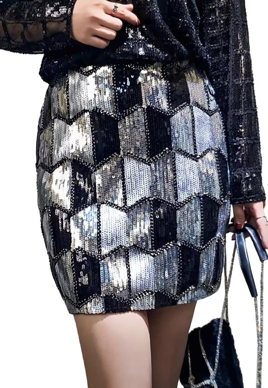 Anna-Kaci Women Sequin Rhombus Stretch Mini Pencil Skirt