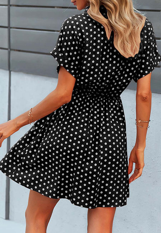 Anna-Kaci Womens Casual Dress Short Sleeves Button Up Polka Dot Printed Tie Waist Mini Dresses