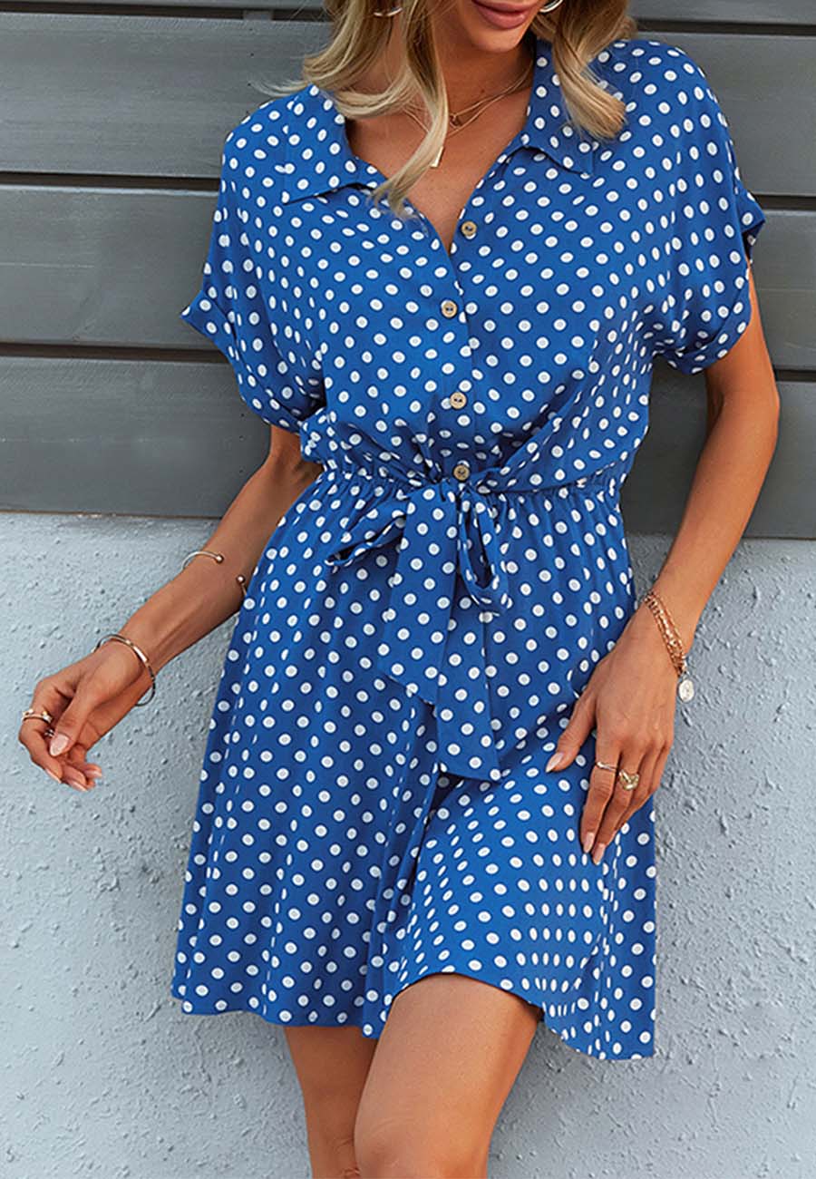 Anna-Kaci Womens Casual Dress Short Sleeves Button Up Polka Dot Printed Tie Waist Mini Dresses