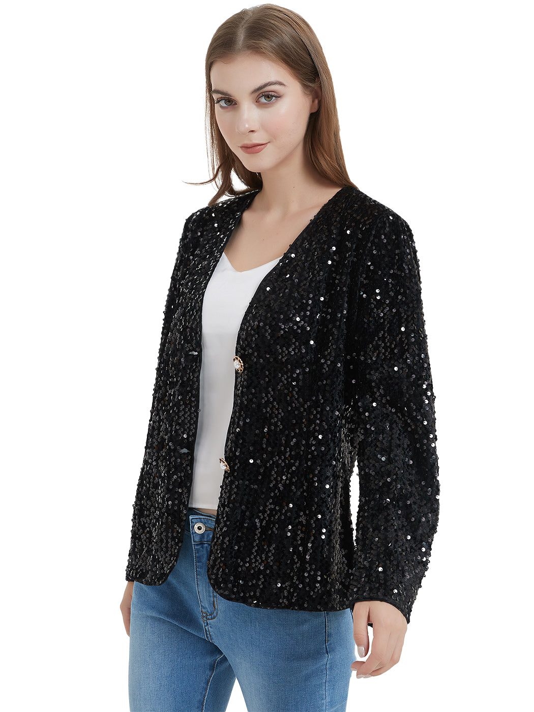 Anna-Kaci Women's Sequins Blazer Cardigan Jacket Open Front Casual Shiny Coat