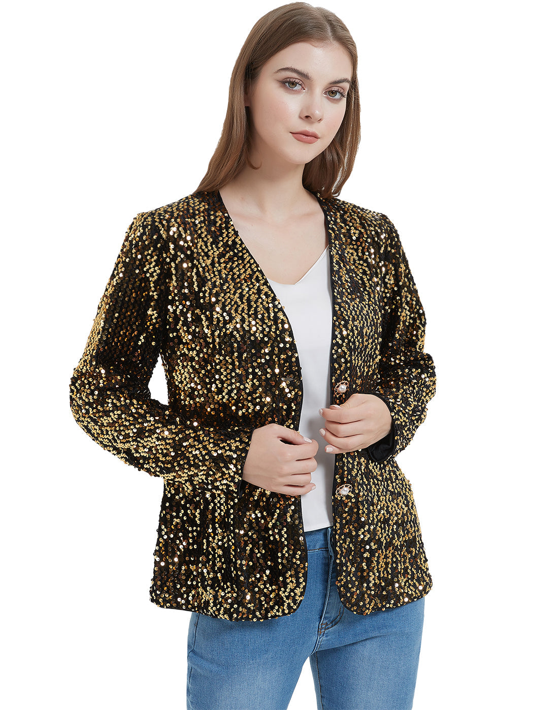 Anna-Kaci Women's Sequins Blazer Cardigan Jacket Open Front Casual Shiny Coat